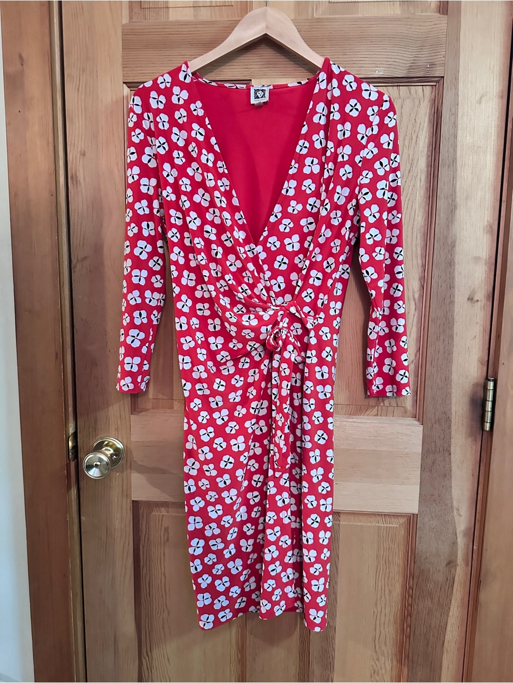 Anne Klein Red Floral Wrap Midi Dress with White Pattern Size Medium